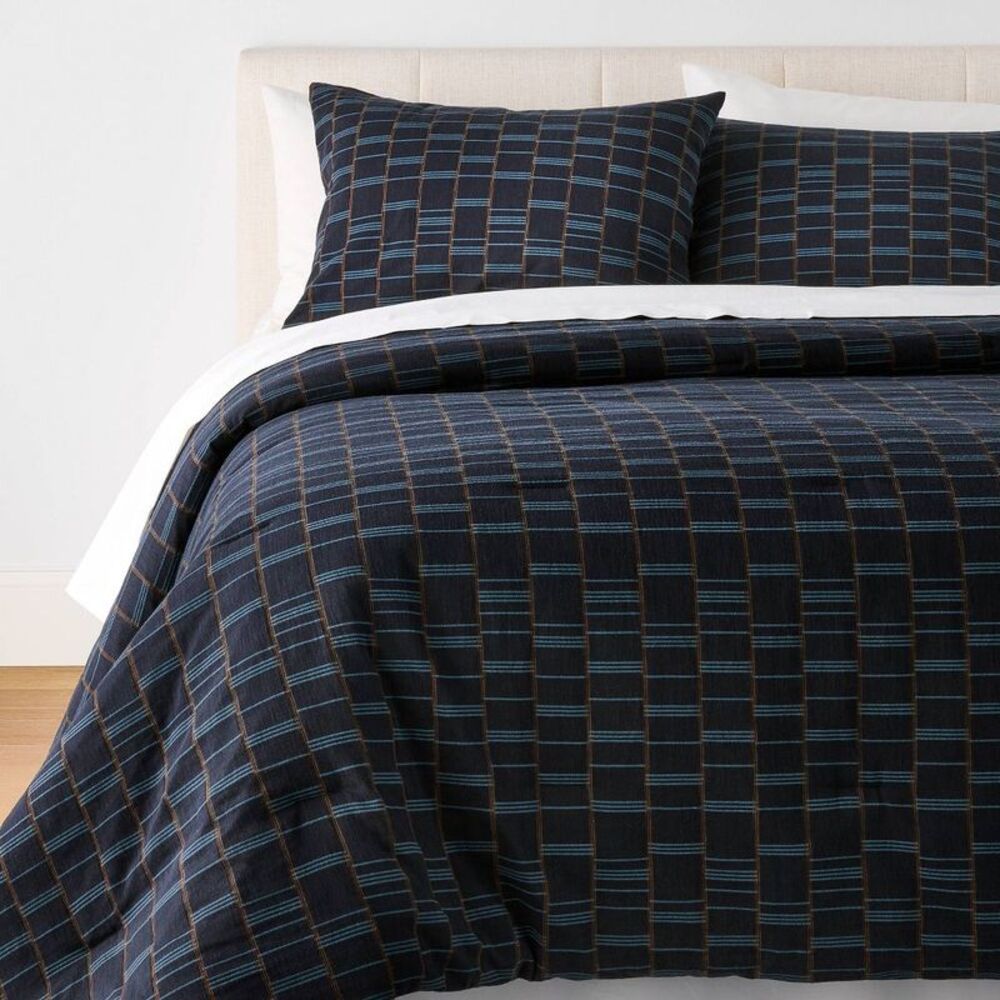 3pc Full/Queen Woven Grid Comforter Set Navy Blue - Studio McGee